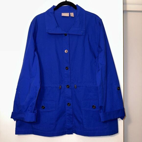 Chicos Women’s Royal Blue Lightweight Cinched Waist Jacket Size 2 (Large) - Picture 1 of 11